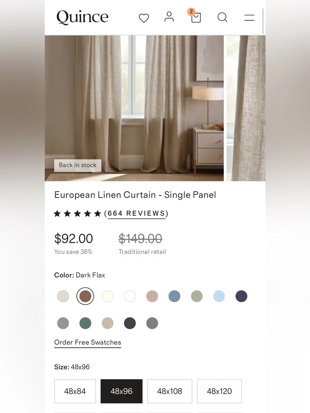Quince Linen Curtain Panel in Dark Flax 48”x96” Single Panel